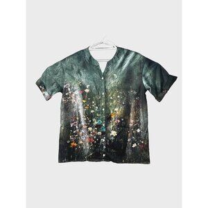 Green Garden Novelty Graphic Print Jersey Button Down Shirt XL Nature Festival